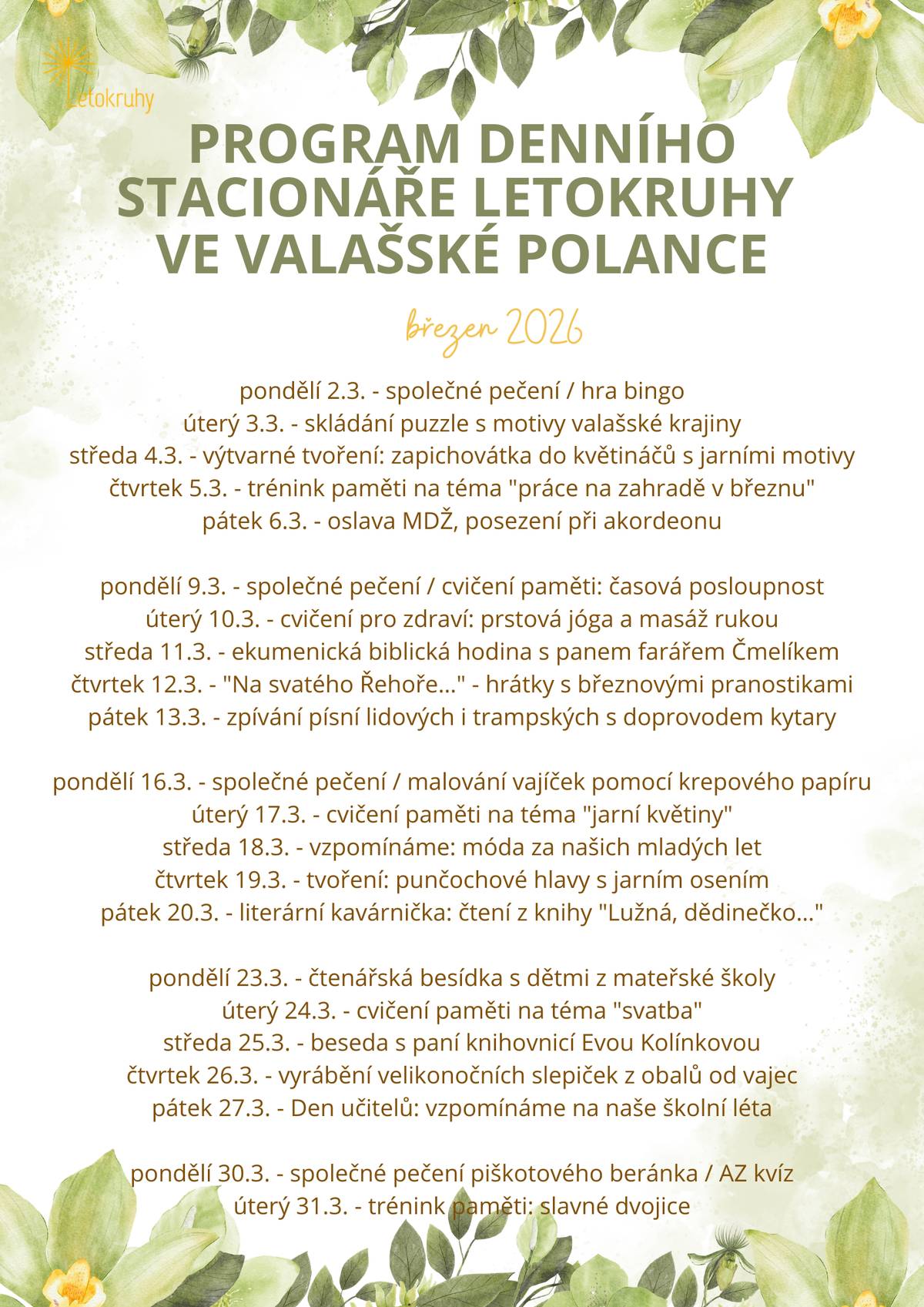 Program aktivit Denního stacionáře Letokruhy ve Valašské Polance na březen 2026.
