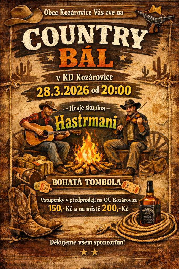 Vstupenky v předprodeji na OÚ Kozárovice.   cena: 150,- předprodej  200,- na místě  kdy:28.3.2026  kde: KD Kozárovice  čas: 20:00  hrají Hastrmani  Bohatá tombola - děkujeme všem sponzorům