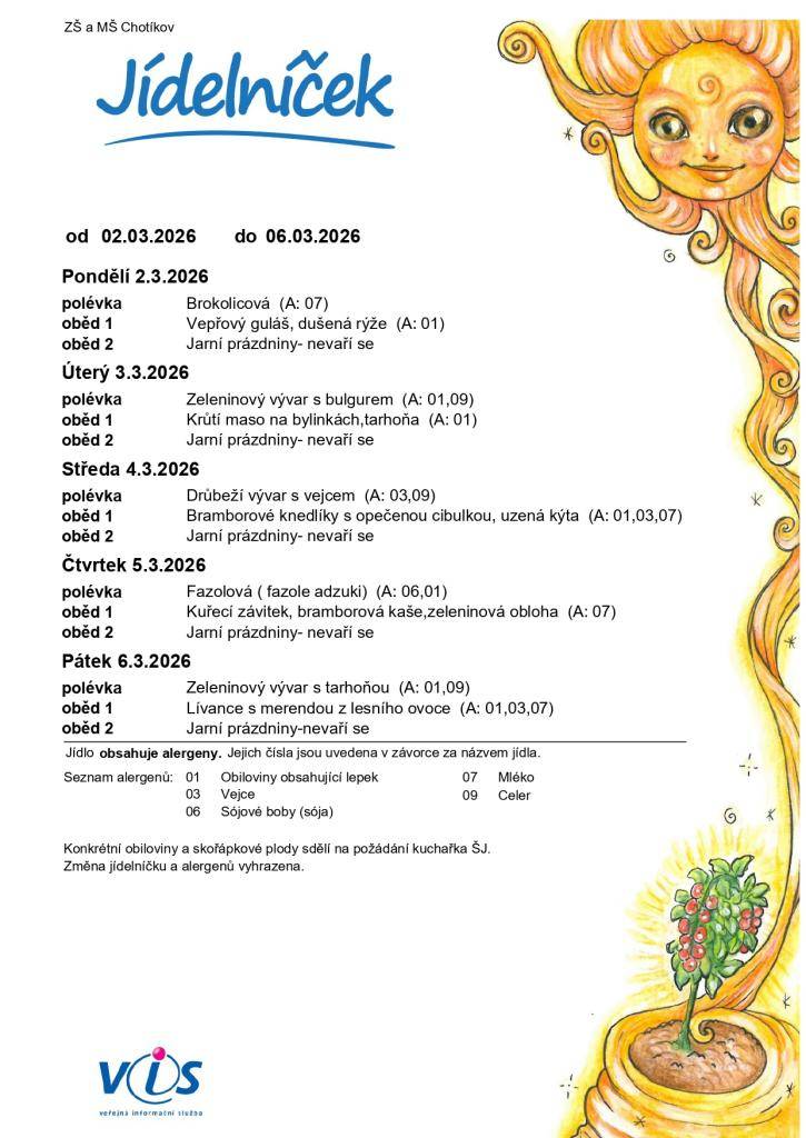 Jídelní lístek ZŠ a MŠ Chotíkov na týden 02. 03. 2026 - 06. 03. 2026.