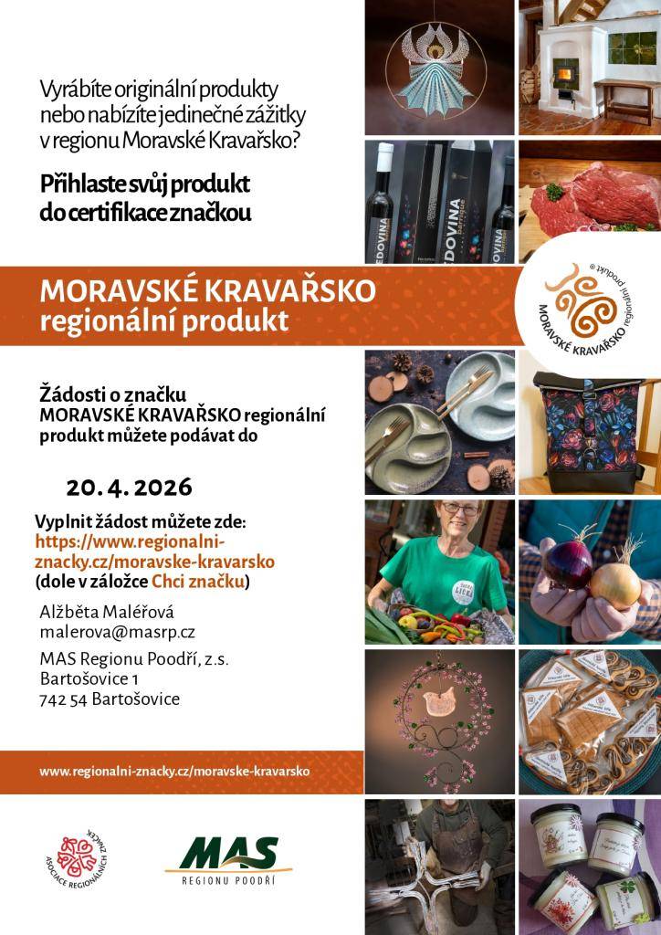 Pokud se podílíte na výrobě originálních produktů nebo poskytování jedinečných zážitků v regionu Moravské Kravařsko, přihlaste se k certifikaci značkou MORAVSKÉ KRAVAŘSKO. Žádosti o tuto regionální značku přijímáme do 20. dubna 2026.
