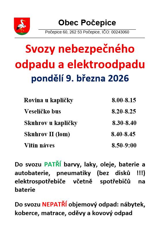 Svozy nebezpečného odpadu a elektroodpadu  pondělí 9. března 2026