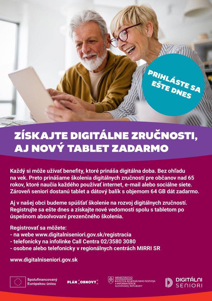 Všetkým seniorom dávame do pozornosti projekt Digitálni seniori z Plánu obnovy a odolnosti SR. Účastníci po úspešnom absolvovaní školenia získajú TABLET a DÁTOVÝ BALÍK úplne zadarmo.