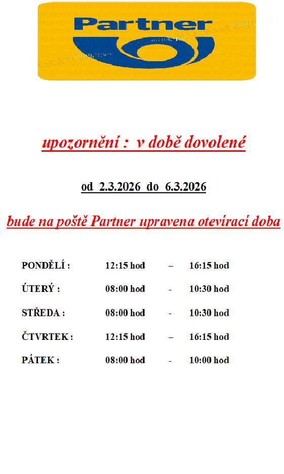 Změna pracovní doby na poště Partner od 2.3.-6.3.2026