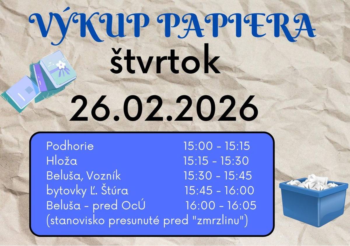 Výkup papiera bude vo štvrtok 26.2.2026- Podhorie                           15:00 - 15:15, Hloža 15:15 - 15:30, Beluša, Vozník                   15:30 - 15:45, bytovky Ľ. Štúra 15:45 - 16:00, Beluša - pred OcÚ  16:00 - 16:05
