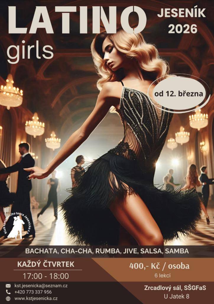 Latino girls – tanči sama za sebe!  Už žádné čekání, jestli se přihlásí dost kluků. Už žádné obavy, jestli budeš mít partnera. Přichází kurz, kde jsi hlavní hvězdou TY.  Více informací ke kurzu na odkaze:   https://www.kstjeseni