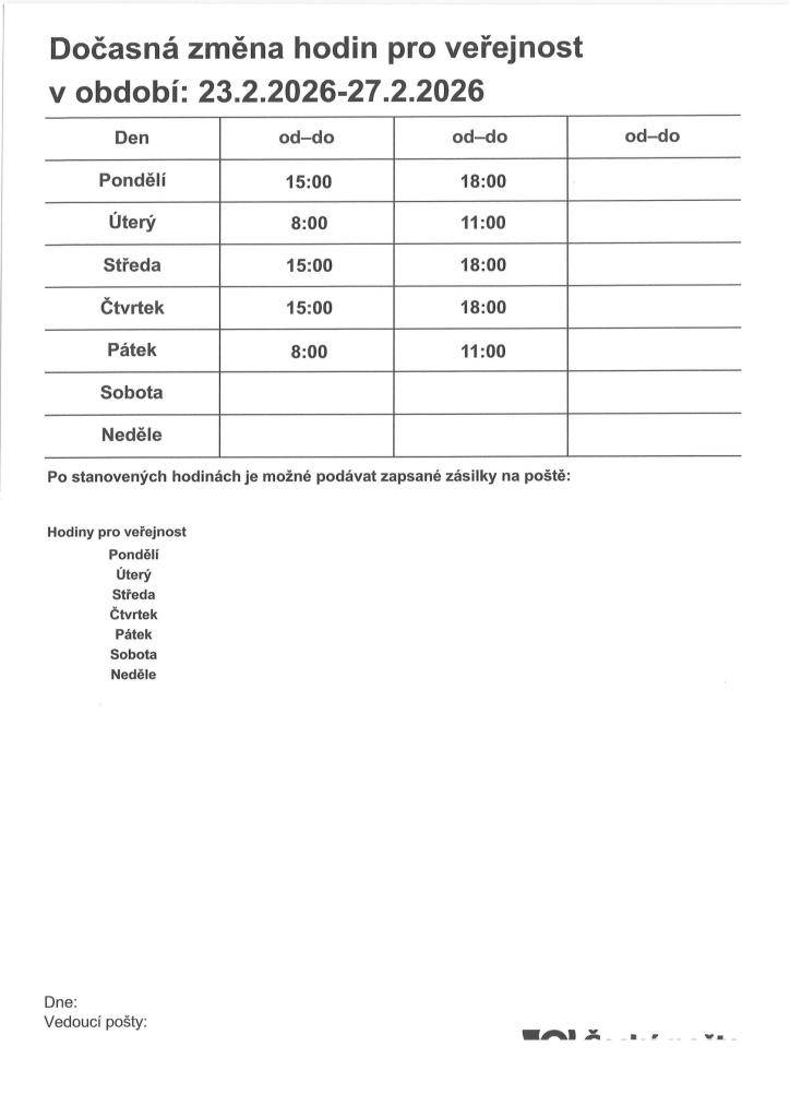 Pošta Choryně - dočasná změna hodin pro veřejnost   čtvrtek 26.2.2026 od 15.00 hodin do 18:00 hodi