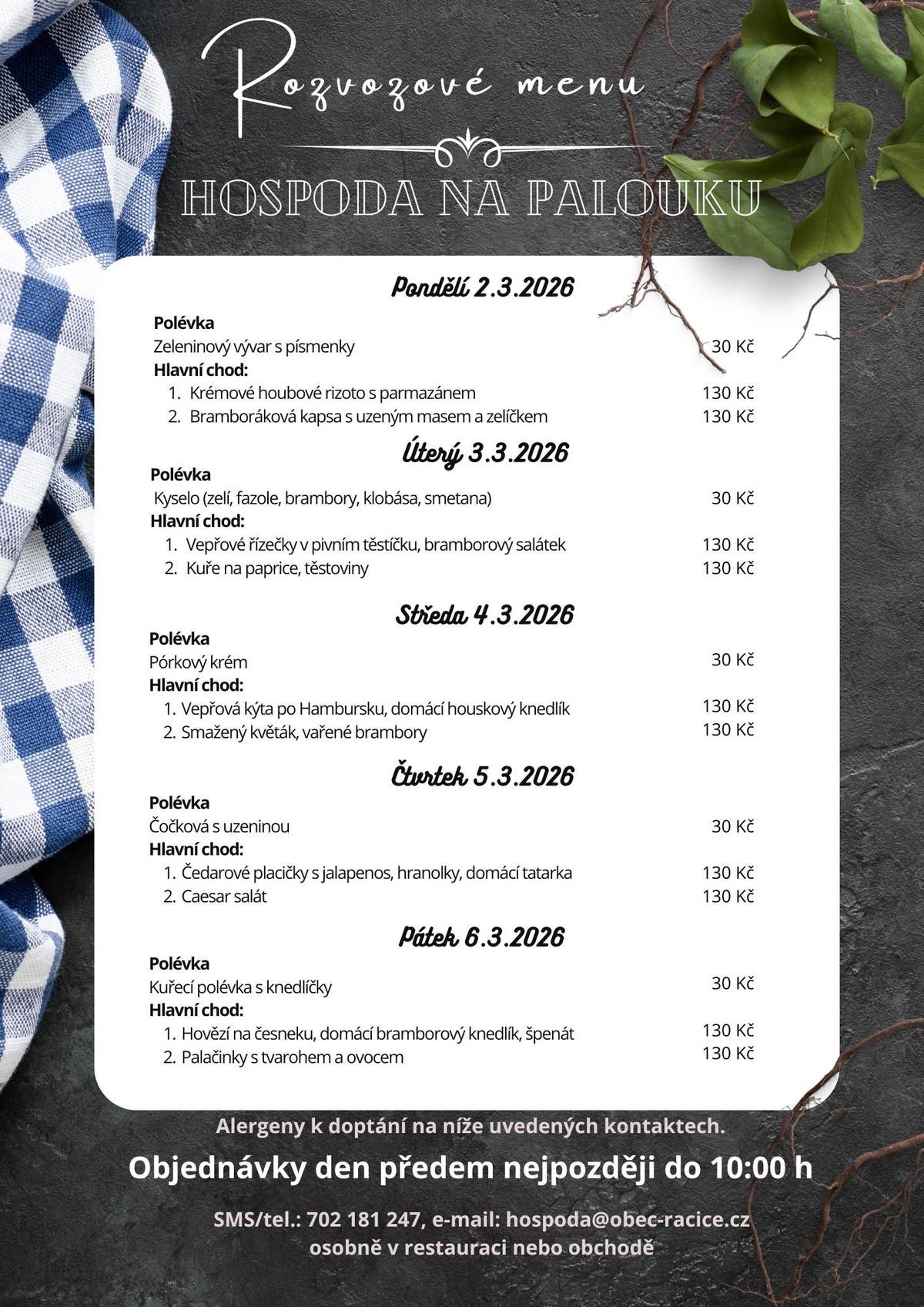 Jídelní lístek - rozvozové menu