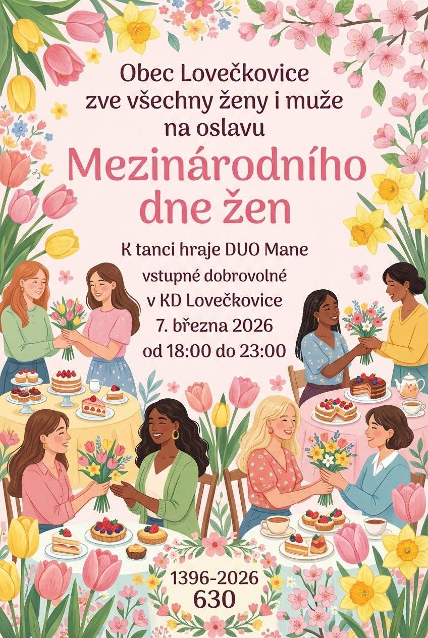 Obec Lovečkovice zve všechny na taneční zábavu 7.3.2026 od 18:00 do KD Lovečkovice ku přeležitosti MDŽ. Obečerstvení a kytička pro dámy bude. Vstupné dobrovolné.