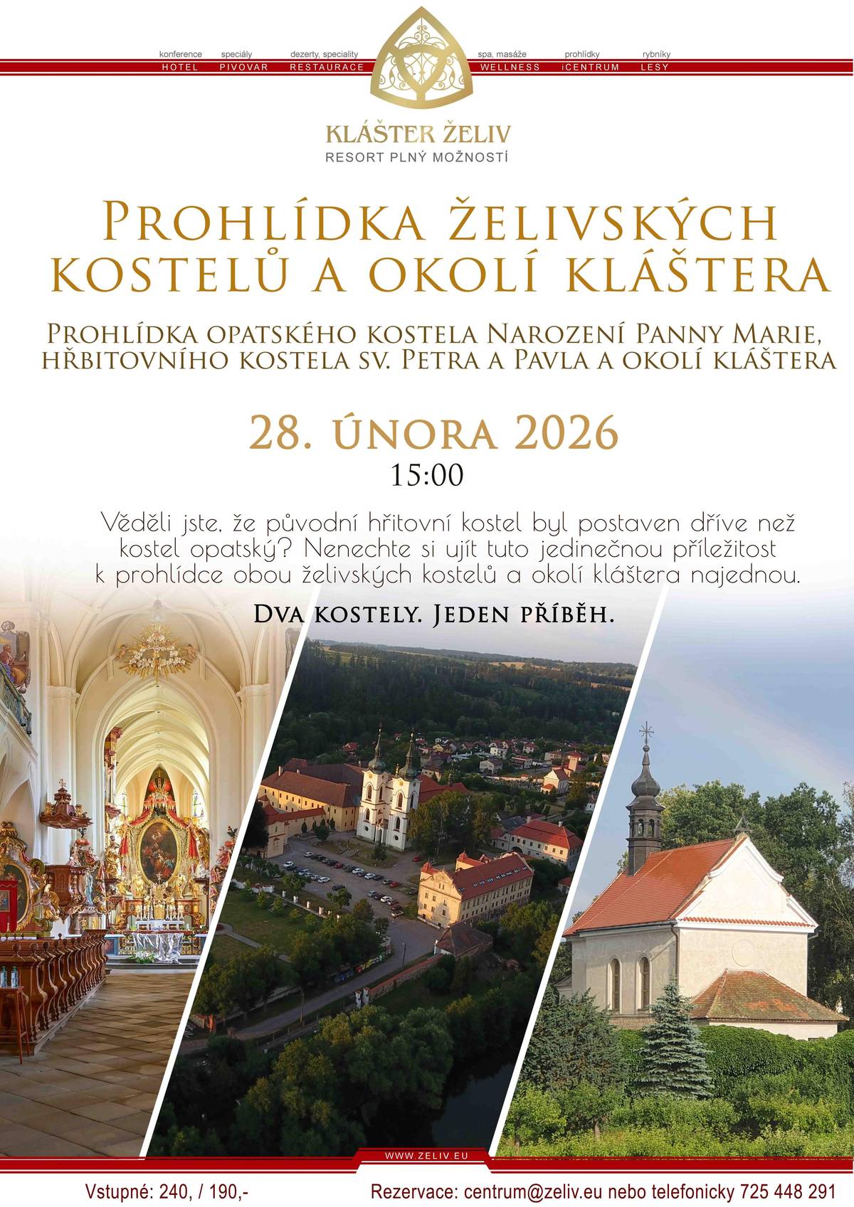 Sobota 28. 2. 2026 v 15:00 hod. Resort Klášter Želiv vás zve na komentovanou prohlídku opatského kostela Narození Panny Marie, hřbitovního kostela sv. Petra a Pavla a okolí kláštera.  📍 Klášter Želiv ⏰ 15:00–16:00 Rezervace doporučena: 📞 +420 725 448 291 📧 centrum@zeliv.eu