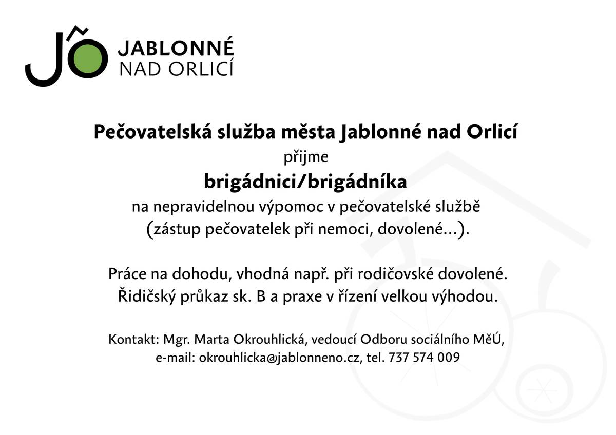 Pečovatelská služba města Jablonné nad Orlicí přijme brigádnici/brigádníka na nepravidelnou výpomoc...