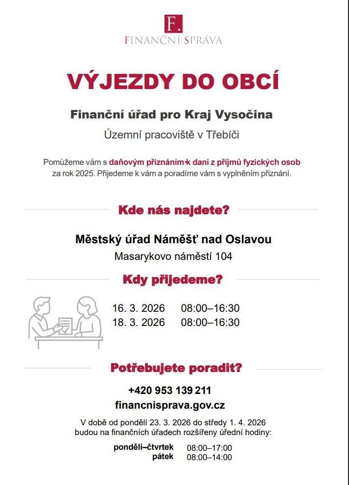 Finanční úřad pro Kraj Vysočina oznamuje, že zajišťuje rozšíření služeb územními pracovišti Finančního úřadu pro Kraj Vysočina k problematice daně z příjmů.