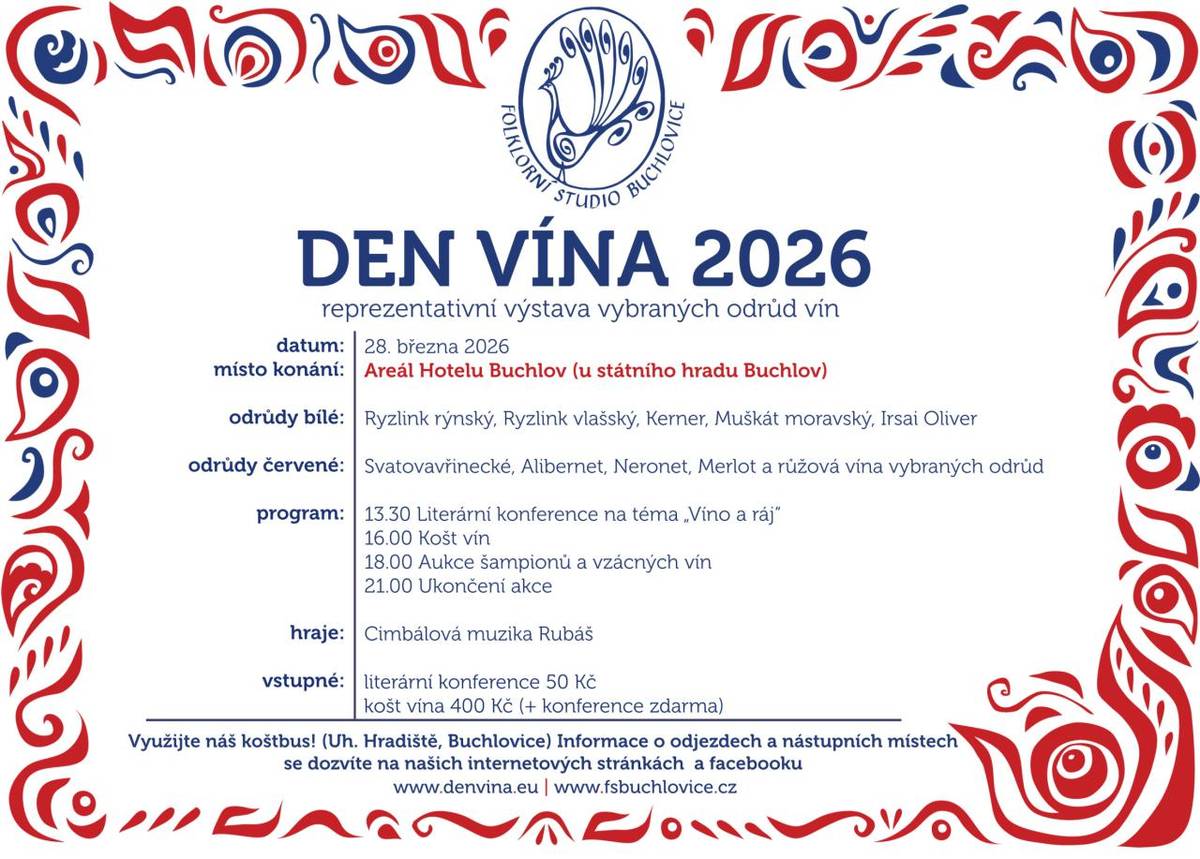 FS Buchlovice vás zve na akci s názvem Den vína, která je pořádána dne 28. března 2026 v areálu Hotelu Buchlov od 13.30 hodin.