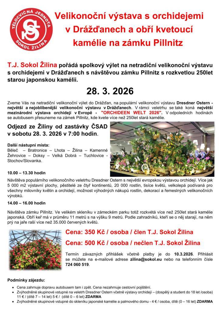 T.J.Sokol Žilina pořádá výlet na netradiční velikonoční výstavu s orchidejemi v Drážďanech s návštěvou zámku Pillnitz s rozkvetlou 250 let starou japonskou kamélií.