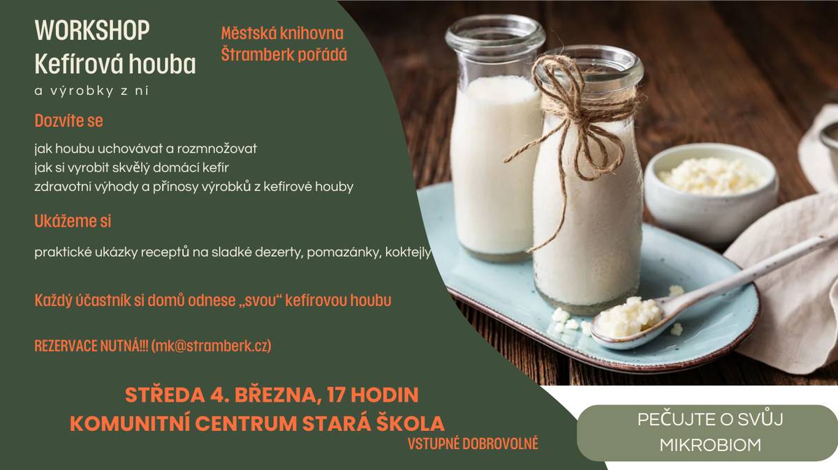 Příští středu (4. 3.) se v prostorech Komunitního centra Stará škola uskuteční workshop „kefírová houba“ Z workshopu si odnesete „svou“ kefírovou houbu. Dozvíte se:  jak houbu uchovávat a rozmnožovat, jak si vyrobit domácí kefír, zdravotní výhody a přínosy výrobků z kefírové houby.  Ukážeme si praktické ukázky receptů na sladké dezerty, pomazánky, koktejly. Rezervace nutná na e-mailu knihovny.