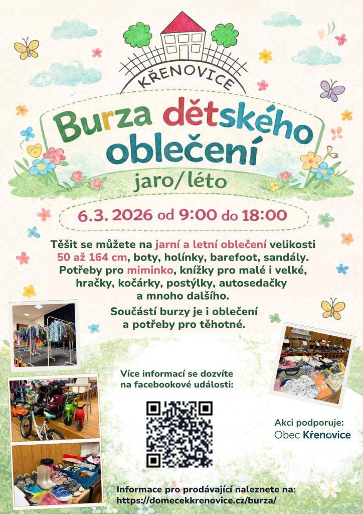 V Křenovicích 6.3.2026 od 9:00 do 18:00 proběhne burza dětského jarního a letního oblečení.