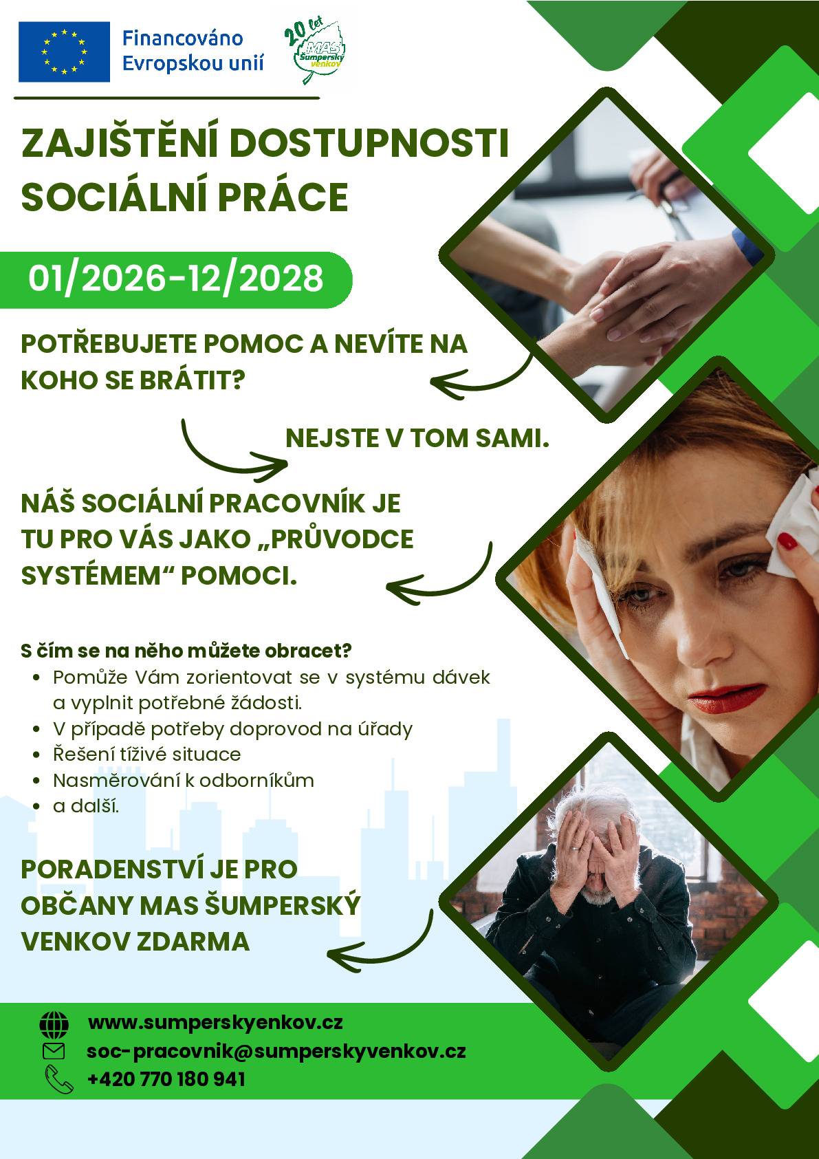Vážení spoluobčané, na území MAS Šumperský venkov nově startuje projekt „Zajištění dostupnosti sociální práce“, jehož cílem je přiblížit sociální pomoc lidem přímo v našich obcích. Týká se obcí Dolní Studénky, Hrabišín, Libina, Nový Malín, Bludov, Dlouhomilov, Sobotín, Hraběšice, Oskava, Rejchartice, Velké Losiny, Loučná nad Desnou, Rapotín, Petrov nad Desnou, Vikýřovice a Vernířovice. Co to znamená v praxi? Pokud se ocitnete v obtížné životní situaci – například při ztrátě zaměstnání, finančních problémech, rodinných potížích nebo při vyřizování dávek – můžete se obrátit na sociálního pracovníka, který vám pomůže vše řešit. Sociální pracovník vám:  poradí, na jaké dávky či služby máte nárok, pomůže s vyplněním žádostí a formulářů, může vás doprovodit na úřad, zprostředkuje kontakt na další odborníky či instituce (např. Úřad práce nebo poskytovatele sociálních služeb), pomůže najít konkrétní řešení vaší situace.  K dispozici bude zdarma v předem stanovených termínech v kanceláři MAS i na obecních úřadech zapojených obcí, aby byla pomoc snadno dostupná. Součástí projektu budou také informační a preventivní setkání pro veřejnost. Cílem je, aby lidé v našem regionu měli pomoc blíž, nemuseli na vše zůstávat sami a věděli, kam se obrátit. Kontakt na sociálního pracovníka: 📞 770 180 941 ✉️ soc-pracovnik@sumperskyvenkov.cz MAS Šumperský venkov, z.s.