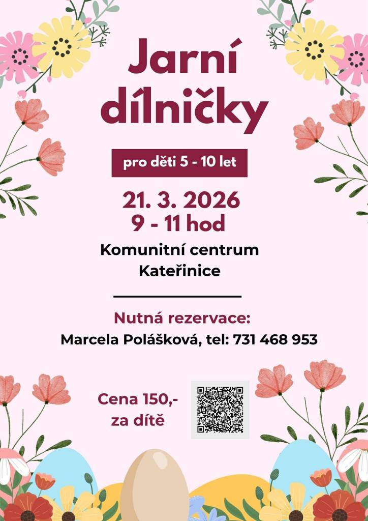 Zveme všechny děti na tvořivou akci "Jarní dílničky", která proběhne za podpory obce Kateřinice v sobotu 21.03.2026 v Komunitním centru Kateřinice.