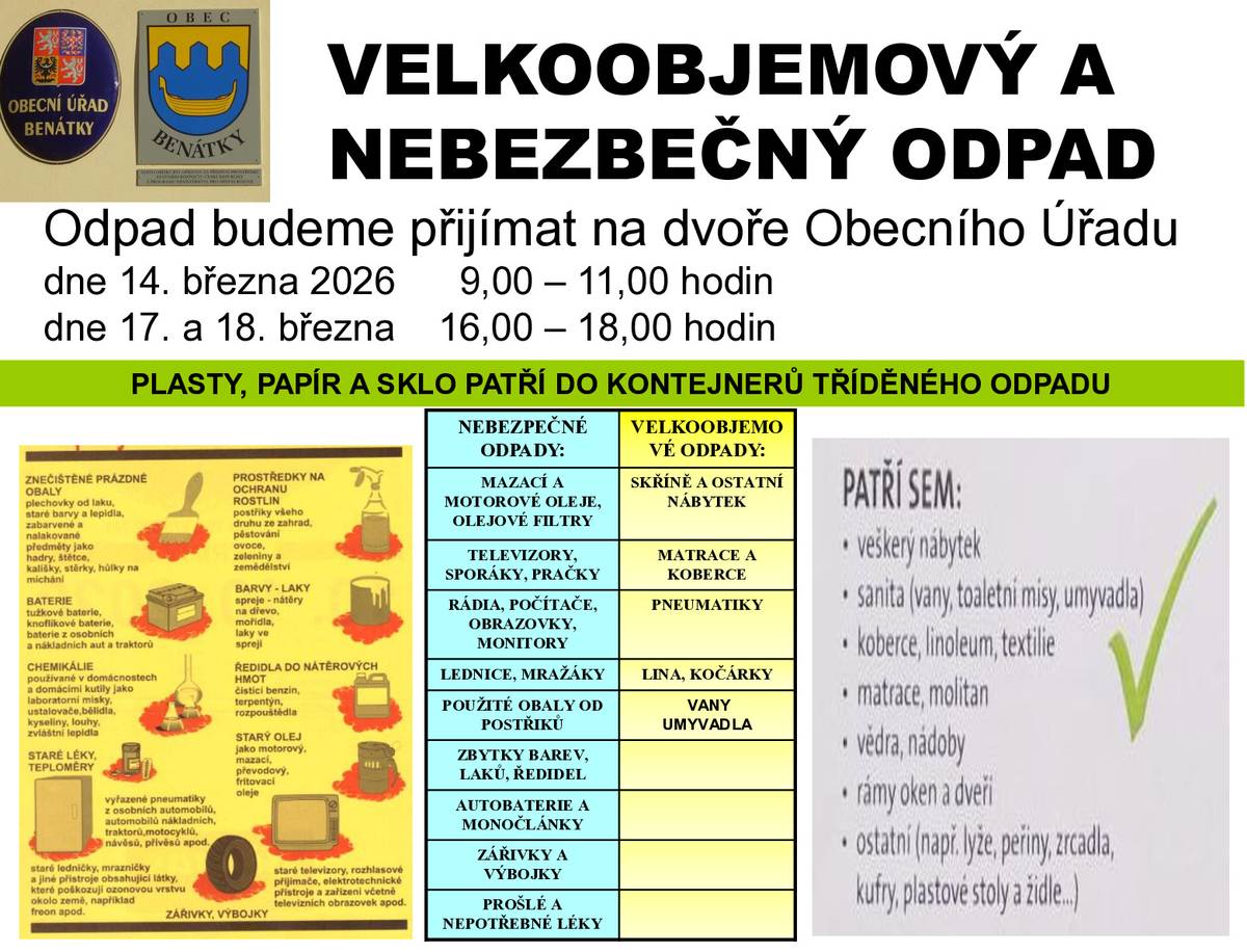Na dvoře Obecního úřadu proběhne v sobotu 14.3.2026 a 17. a 18.3. 2026  sběr nebezpečného a velkoobjemového odpadu.