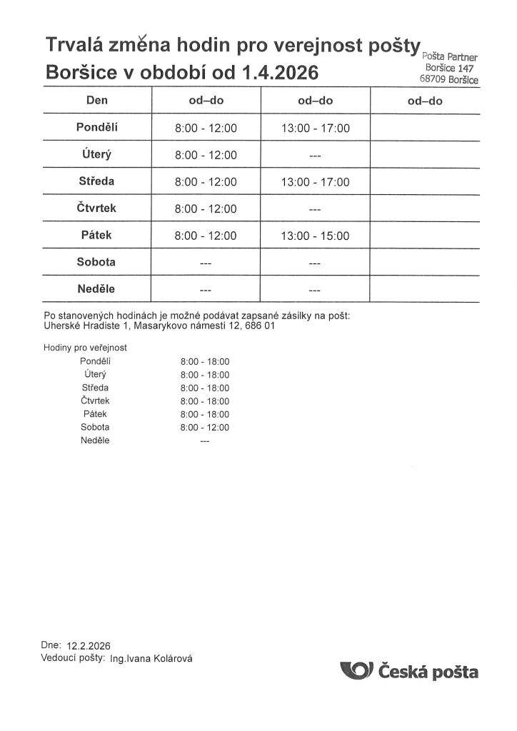 Pošta Partner Boršice od 1.4.2026 mění hodiny pro veřejnost