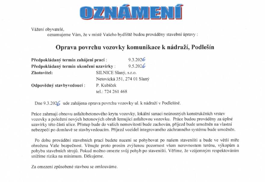 Oprava povrchu vozovky komunikace k nádraží