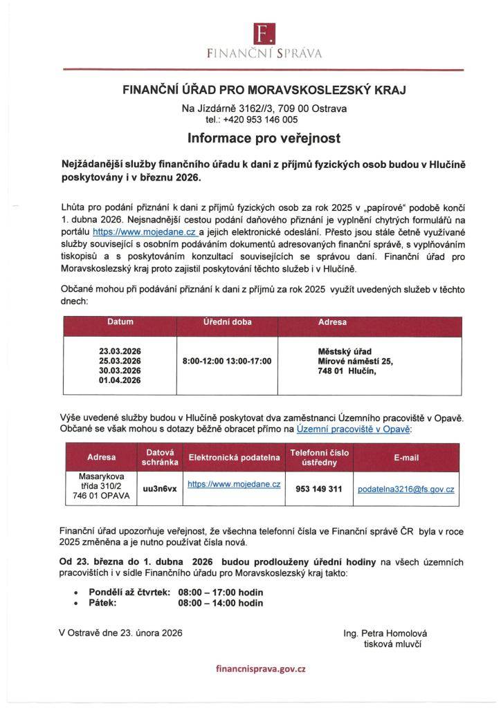 Nejžádanější služby finančního úřadu k dani z příjmů fyzických osob budou v Hlučíně poskytovány i v březnu 2026.