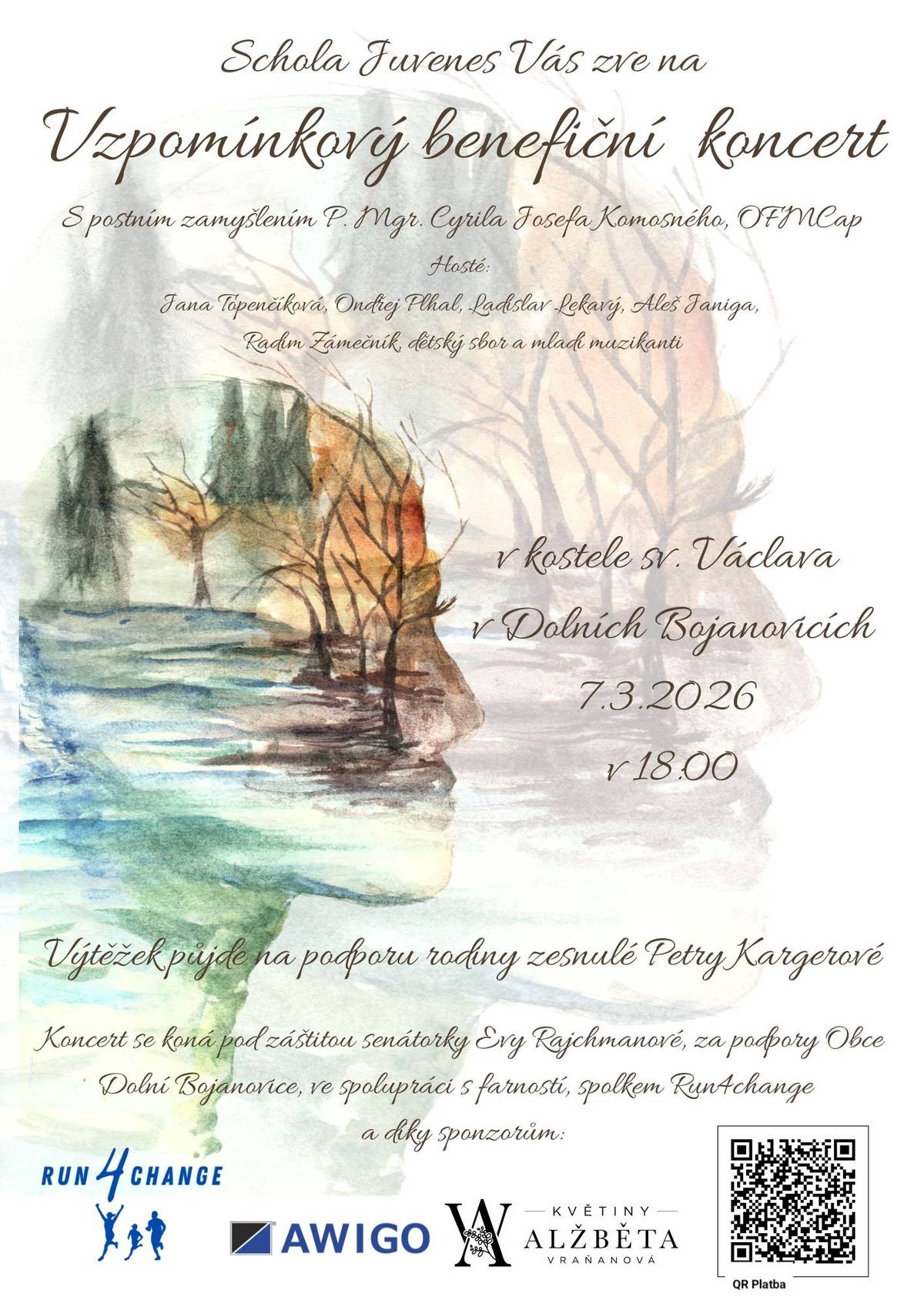 Schola Juvenes a jejich hosté vás srdečně zvou na postní benefiční koncert, který se koná 7.3.2026 v 18 hodin v kostele sv. Václava v Dolních Bojanovicích.  Koncert se koná pod záštitou paní senátorky Evy Rajchmanové a veškerý finanční výtěžek koncertu podpoří mladou rodinu, která přišla o maminku.