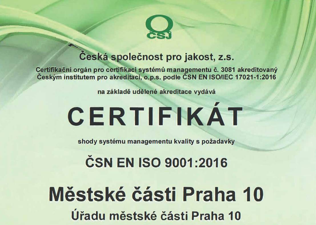 Úřad městské části Praha 10 úspěšně obhájil certifikát shody systému managementu kvality s požadavky normy ČSN EN ISO 9001:2016. Tento certifikát, který úřad vlastní již od roku 2004, potvrzuje ...