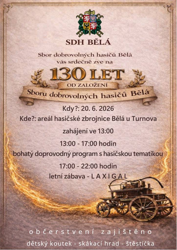 Sbor dobrovolných hasičů Bělá vás srdečně zve na akci, která se uskuteční 20. června 2026 od 13:00 do 22:00 v areálu hasičské zbrojnice Bělá u Turnova. Připraven je bohatý doprovodný program s hasičskou tematikou, včetně dětského koutku a skákacího hradu. Tato akce je ideální příležitostí k setkání