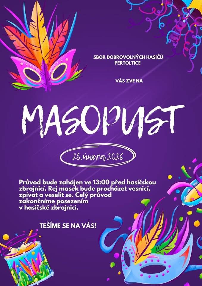 Masopust 28. února 2026 sraz od 13:00 hodin před hasičskou zbrojnicí.