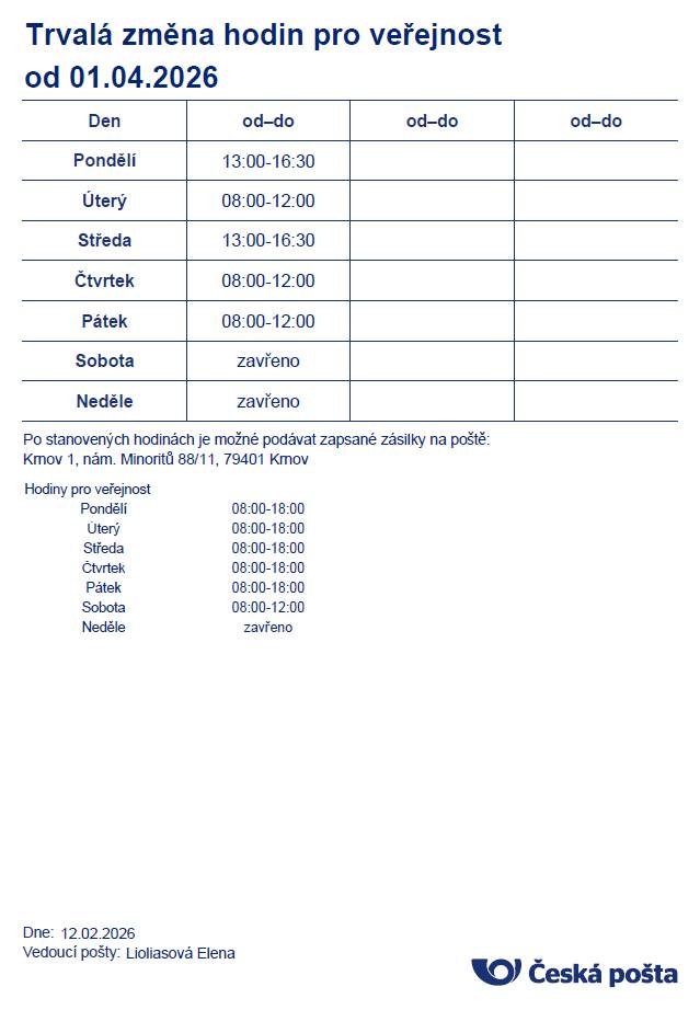 Od 1. dubna dojde k úpravě otevírací doby pošty partner v Holčovicích. Změna otevírací doby se týká pondělí a středy, kdy nově bude pošta otevřena od 13:00 do 16:30. V ostatních dnech zůstává otevírací doba nezměněna.