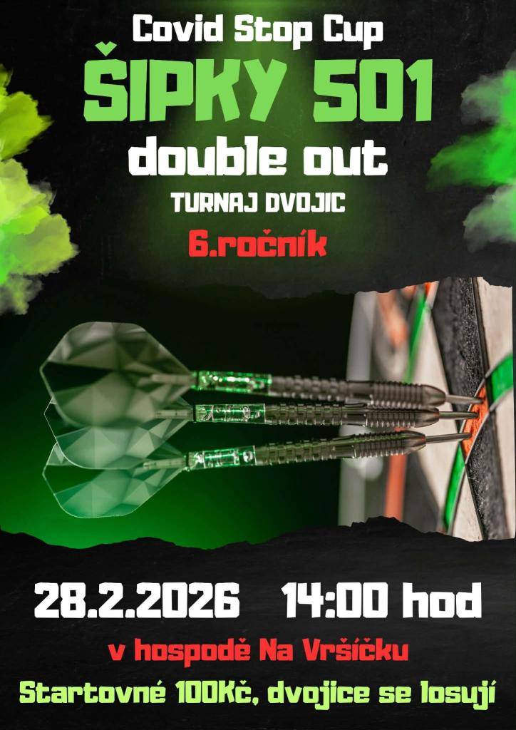 6. ročník Covid Stop Cup turnaj dvojic se bude konat 28. února 2026 ve 14:00. Každá dvojice se losuje a startovné činí 100 Kč.