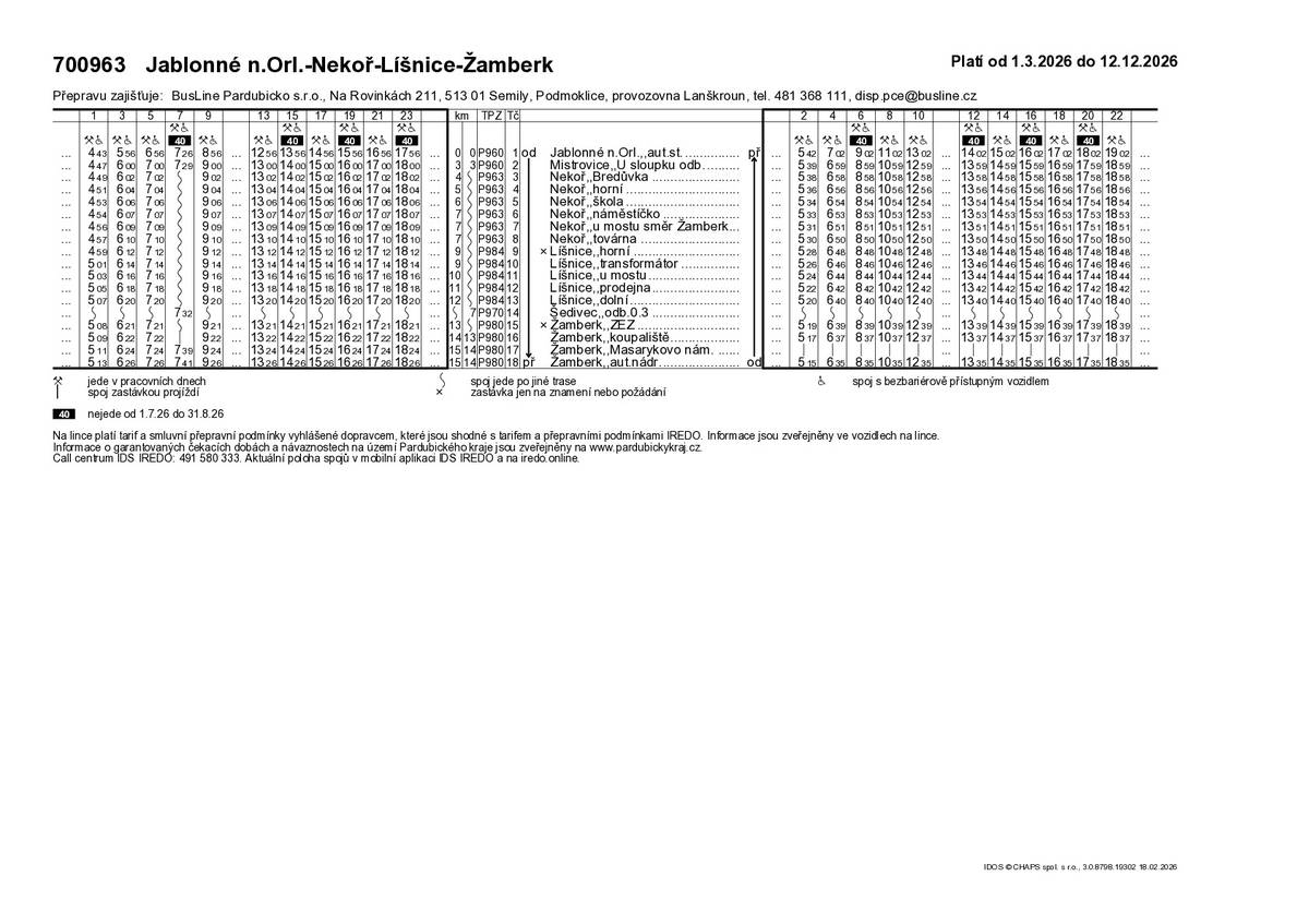 S platností od 1. března 2026 dojde k drobné úpravě jízdního řádu linky 700963 Jablonné - Žamberk. Zejména se jedná o posun spoje č. 17 do polohy o cca 7 minut dříve (nyní příjezd do Žamberka 15:33, nově 15:26). Důvodem je zajištění návazností v Žamberku. Zároveň jsou odjezdy téměř všech spojů z Jablonného uspíšeny o 2 minuty (nyní odjezd v 58. minutu, nově v 56. minutu). Důvodem je zpožďování v úseku Jablonné - Bredůvka, kde tak bylo nutné prodloužit jízdní doby.
