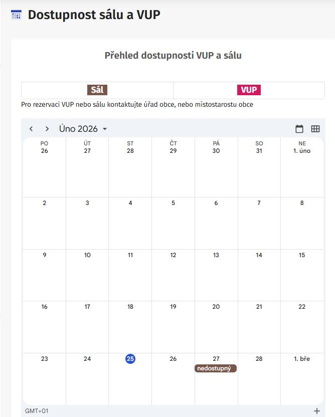 Vážení spoluobčané, pro větší přehlednost a vaše pohodlí jsme spustili online kalendář obsazenosti obecních prostor. Nyní si můžete kdykoliv z pohodlí domova ověřit, zda je vámi vybraný termín volný v sále, nebo ve VÚP. Kde kalendář najdete? Odkaz na aktuální obsazenost naleznete přímo v aplikaci MUNIPOLIS v sekci "Dostupnost sálu a VUP". Kalendář je aktuálně v režimu testování a je možné, že nové zamluvené termíny se objeví v online kalendáři až po pár dnech.