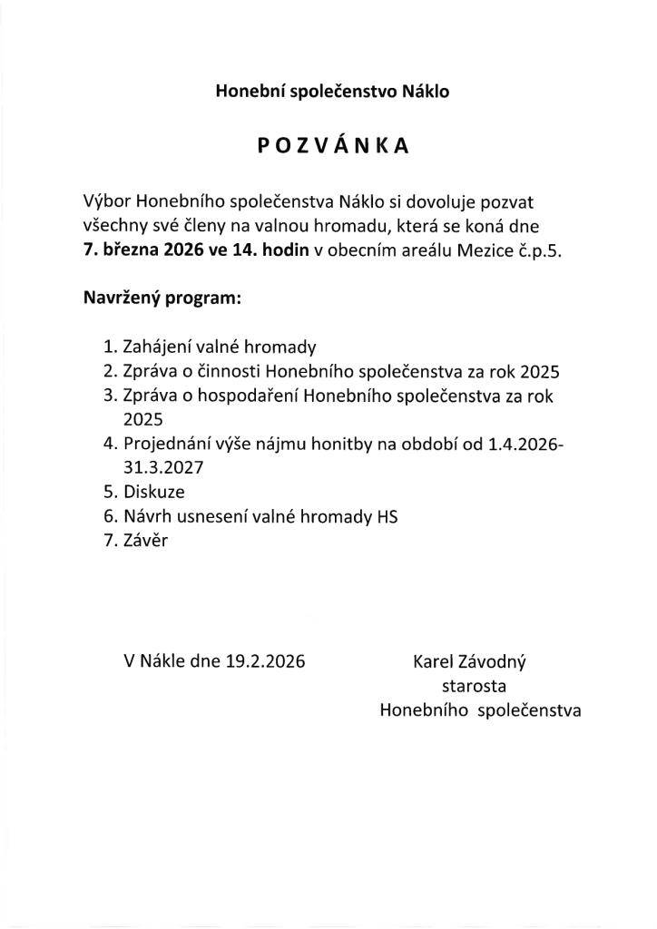 Výbor Honebního společenstva Náklo zve všechny své členy na Valnou hromadu.