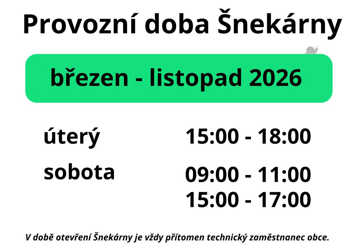 Dobrý den. Provozní doba sběrného dvora ve Šnekárně bude v období březen až listopad 2026 vypadat takto: * úterý      15:00 - 18:00 * sobota   09:00 - 11:00 ,  15:00 - 17:00 OÚ Žďárky
