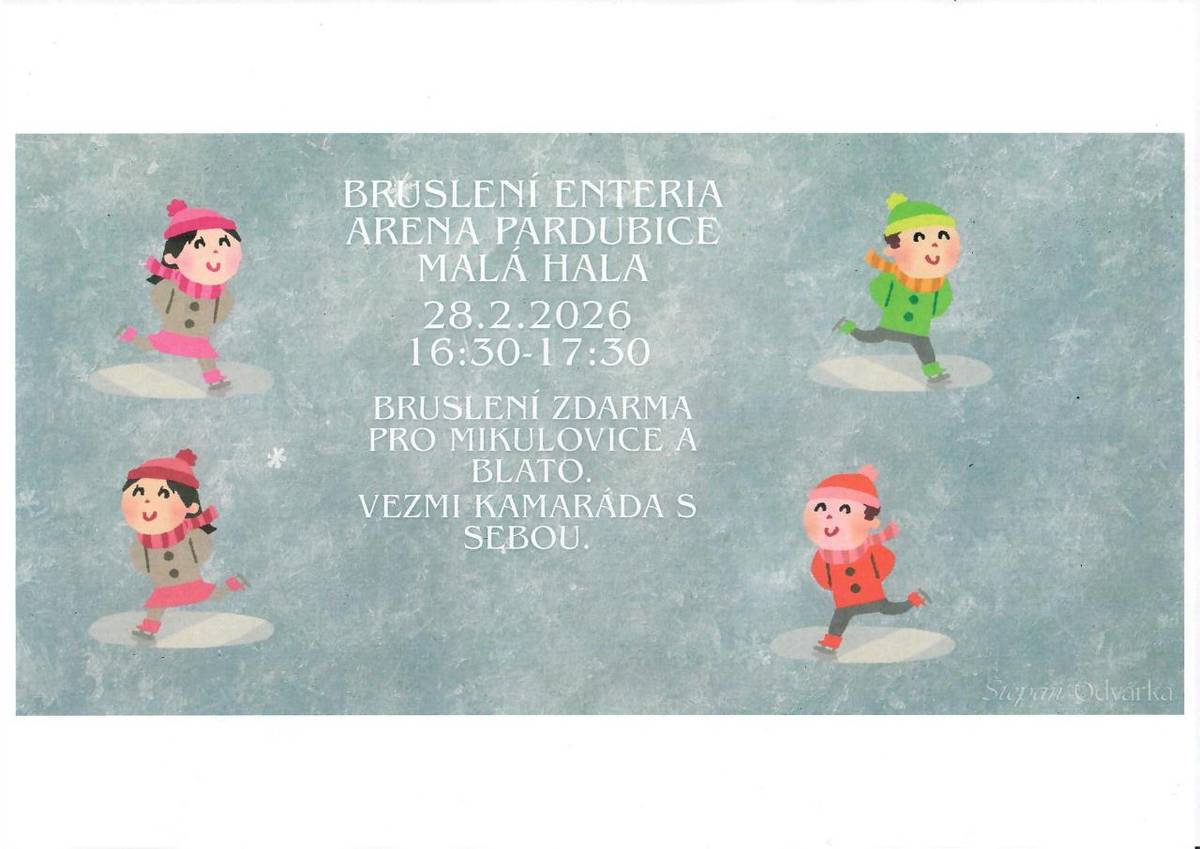 Na tuto sobotu 28. února 2026 jsme pro Vás připravili veřejné bruslení na zimním stadionu v Pardubicích.  Ledová plocha je pronajata v sobotu od 16,30-17,30 hodin.