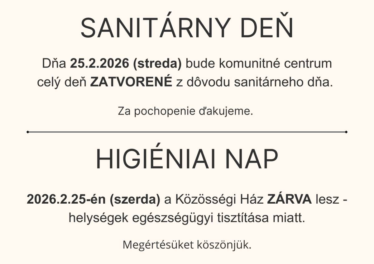 V stredu 25.februára 2026 bude KC zatvorené - bude sanitárny deň.