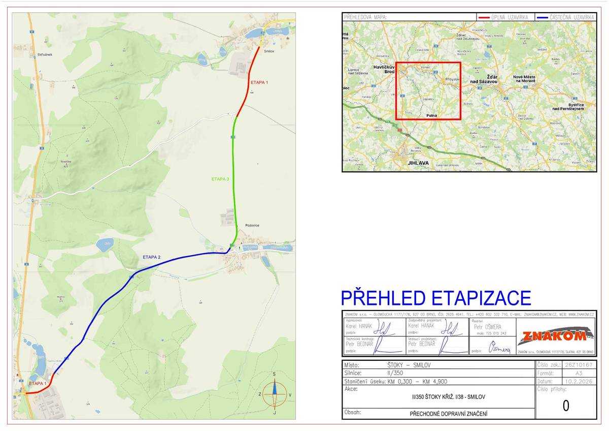 Od 16. 3. do 31. 7. 2026 bude z důvodu rekonstrukce povrchu vozovky postupně uzavřena silnice II/350 v úseku Štoky (křižovatka s I/38) – Smilov. Práce budou probíhat ve třech etapách:   1. etapa: 16. 3. – 14. 4. 2026   2. etapa: 15. 4. – 7. 6. 2026   3. etapa: 8. 6. – 31. 7. 2026   Doprava bude vedena po objízdných trasách. Pokud by kvůli nepříznivému počasí nebylo možné zahájit práce 16. 3., začátek stavby se posune na 1. 4. 2026 (jednotlivé etapy se posunou o 14 dní, konečný termín zůstává stejný). Mapy objízdných tras najdete na: www.stoky.cz Prosíme řidiče o zvýšenou opatrnost a respektování dopravního značení.