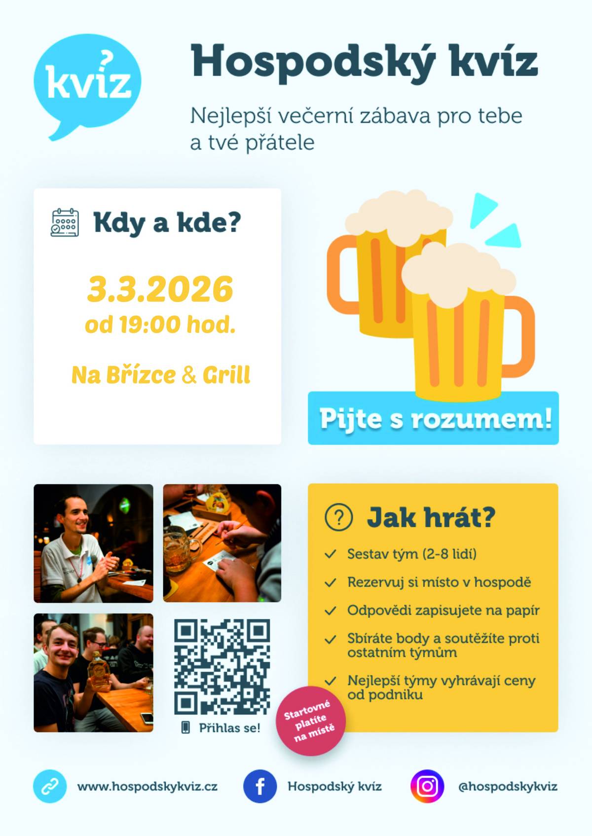 Pozvánka na HOSPODSKÝ KVÍZ, který se uskuteční 3.3.2026 od 19:00 hodin "Na Břízce & Grill". Více informací na www.mu-brezova.cz