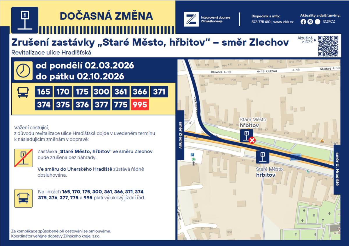 - dočasná změna zrušení zastávky "Staré Město, hřbitov" - směr Zlechov