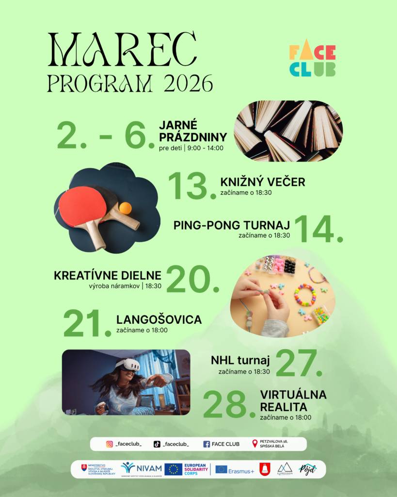 Marec prinesie nové aktivity, priestor na oddych aj spoločné zážitky pre deti a mladých 🙂 Program je pestrý a otvorený pre každého, kto chce tráviť voľný čas zmysluplne. Tešiť sa...