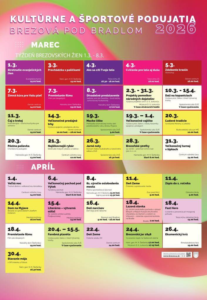 Mesto Brezová pod Bradlom pozýva širokú verejnosť na kultúrne a športové podujatia, ktoré sa budú konať v našom meste v mesiacoch marec a apríl 2026.