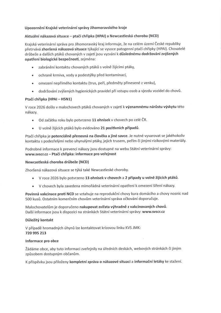Upozornění Krajské veterinární správy JMK - ptačí chřipka