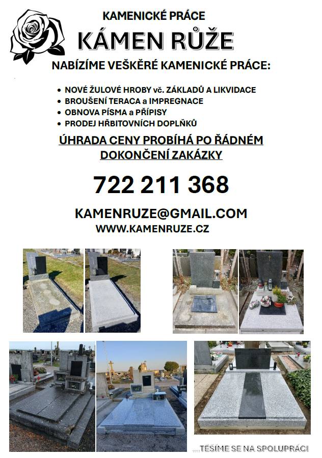 Vážení spoluobčané,  dovolujeme si Vás informovat, že v neděli 1.3. od 14:05-14:25 hod. budou pracovníci kamenických služeb na hřbitově v naší obci.