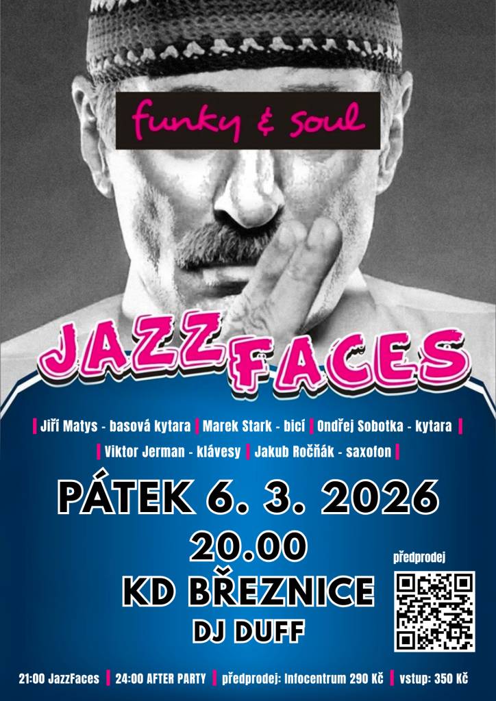 Online předprodej: https://connect.boomevents.org/cs/event/jazzfaceskdbreznice  Od 1. února v předprodeji v Infocentru Březnice za 290,-  Platba pouze hotově. Příbramská kapela Jazz Faces přináší energický koncert, kde se mísí pop, soul, jazz a funk. Žádná nuda, žádná rutina – jen čistá radost z živ