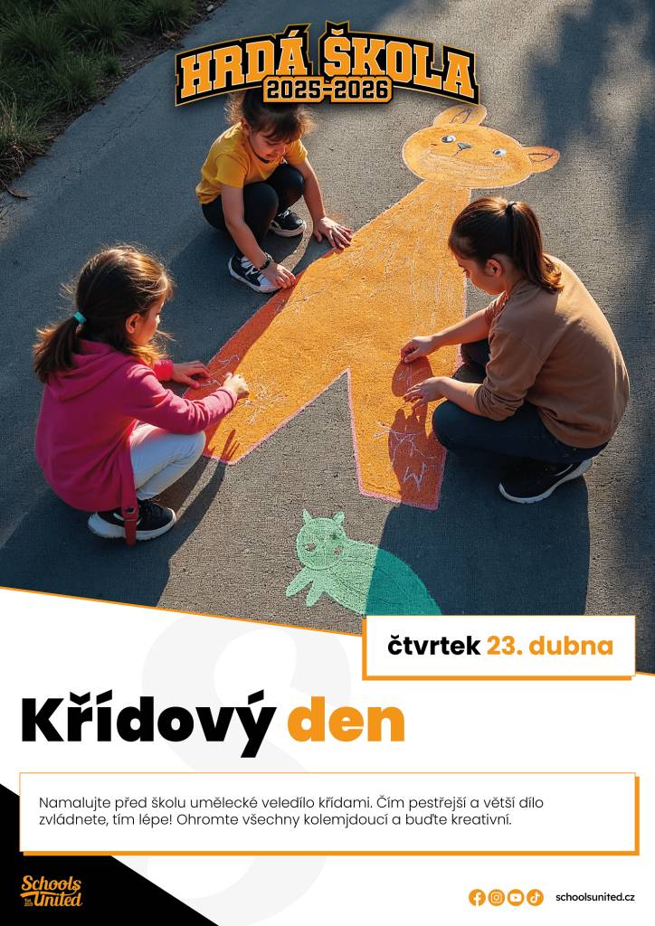 Za spolupráce s Hrdou školou nás čeká i v dubnu další den plný zábavy. A to ne ledajaký, ale křídový. Kdy budeme umělecká díla ztvárňovat právě křídami na různé povrchy. Kdy? Přece ve čtvrtek 23. dubna!