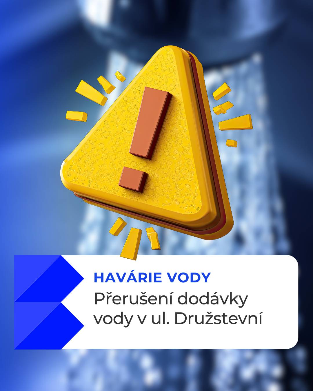 Máme hlášeno havarijní přerušení dodávky pitné vody v Bystřici, ulice Družstevní. Na opravě se pracuje. Předpokládané trvání odstávky: 6 hodin.