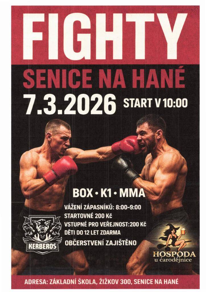 7. března 2026 se v Senici na Hané uskuteční atraktivní zápas FIGHTY. Akce začne v 10:00, přičemž vážení zápasníků proběhne od 8:00 do 9:00. Vstupenka pro veřejnost stojí 200 Kč, zatímco děti do 12 let mají vstup zdarma.
