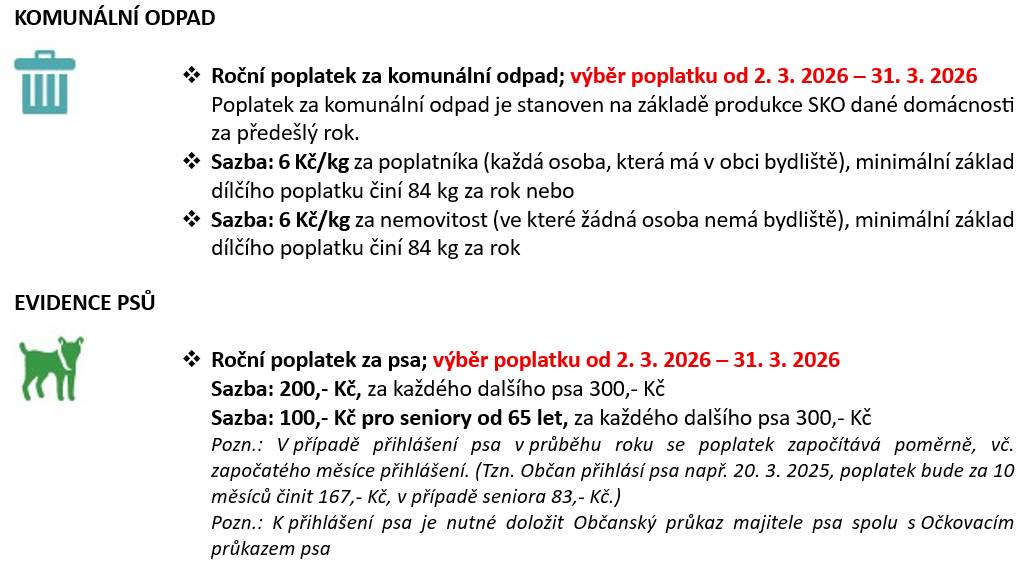 Vážení občané, poplatky za komunální odpad vyprodukovaný v roce 2025 se budou vybírat na základě předpisu, který obdrží plátce, jenž se zavázal uhradit poplatek za danou nemovitost. Předpis platby bude doručený na zvolenou e-mailovou adresu nebo poštou na adresu plátce.  Více informací - viz níže.