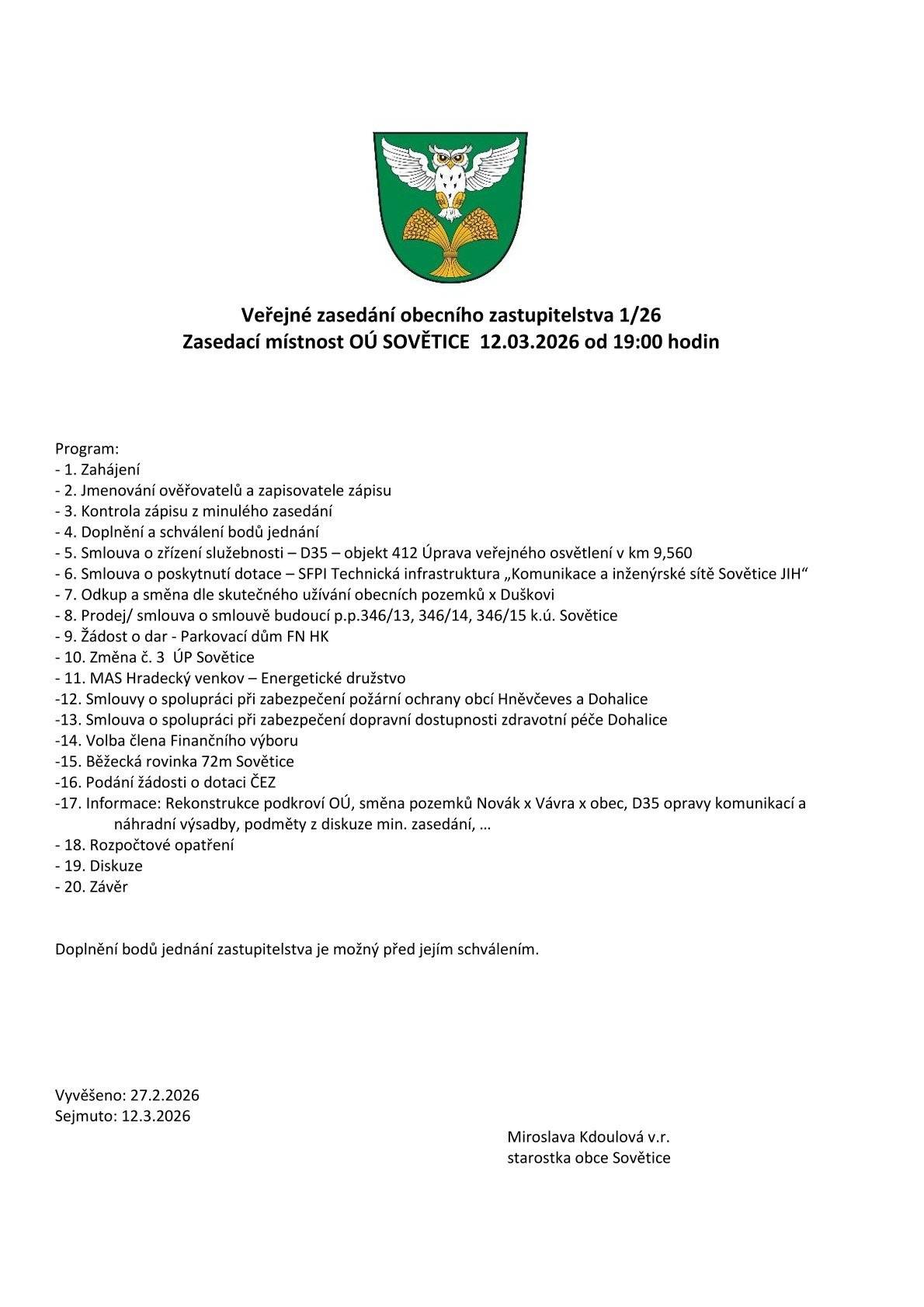 zasedací místnost OÚ Sovětice 12.3.2026 19:00